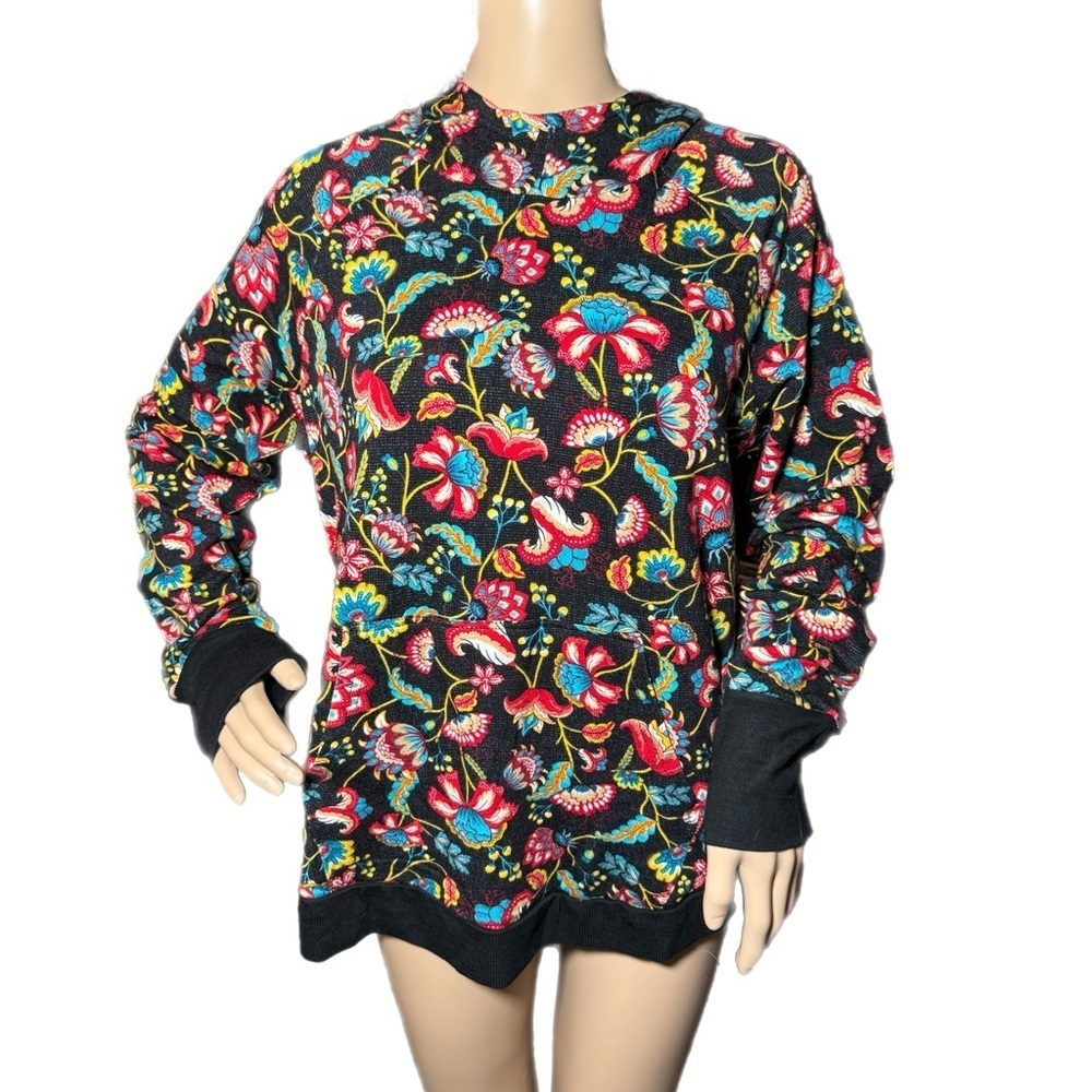 MASSEYS Women’s Whimsical Garden Hoodie Black Floral Knit Sweater Size Large - Picture 2 of 9